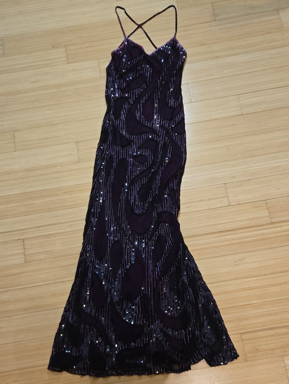 Vintage Y2K Beaded Sequined Paisley Crossback Strappy Sequin Evening Gown